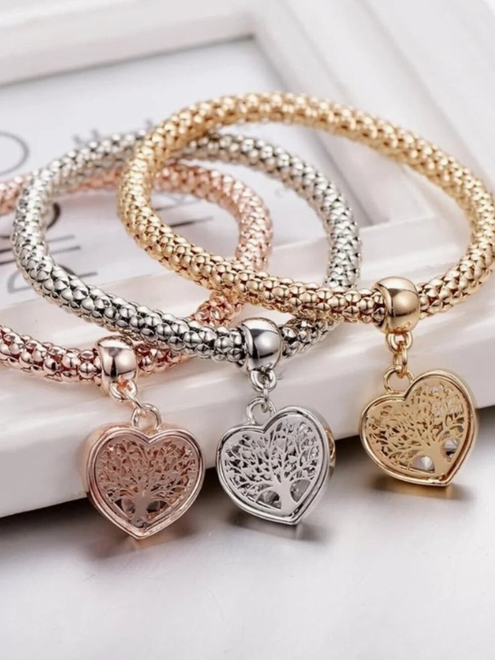 Anthropologie Three-Tone Heart Tree Charm Bracelet — Gold, Silver & Rose Gold